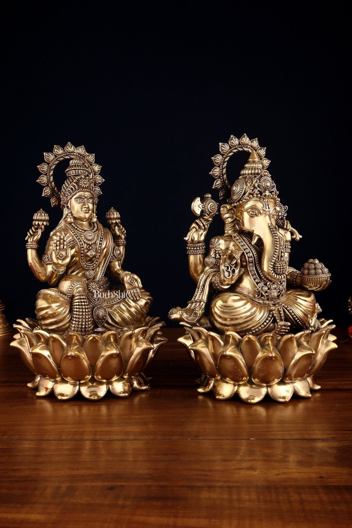Pure Brass Intricate Ganesha & Lakshmi on Lotus Statues – 12" - Budhshiv.com