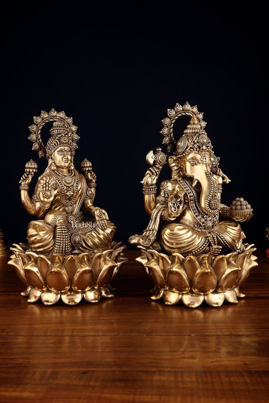 Pure Brass Intricate Ganesha & Lakshmi on Lotus Statues – 12" - Budhshiv.com
