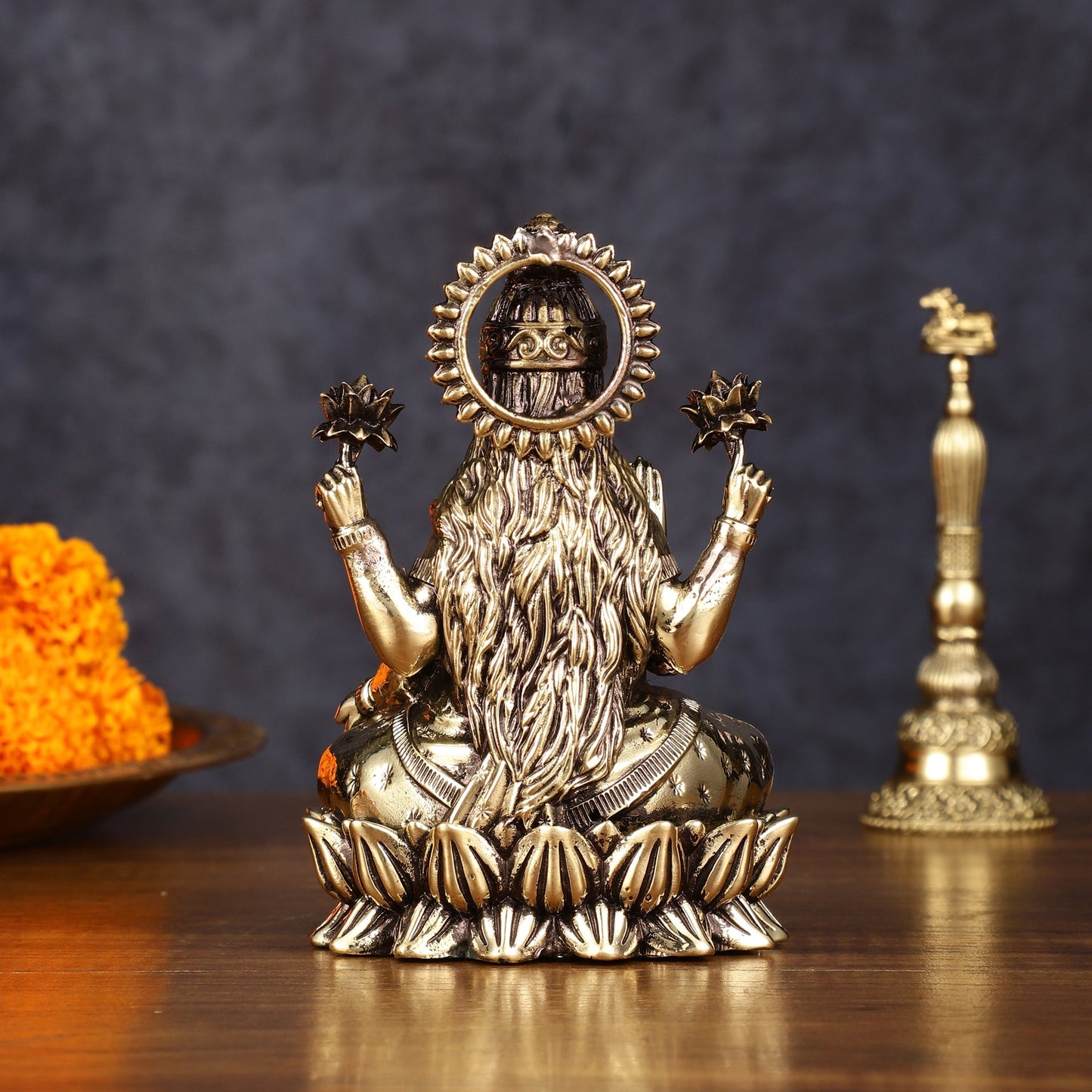 Pure Brass Intricate Lakshmi Idol - Superfine Lightweight 5" - Budhshiv.com