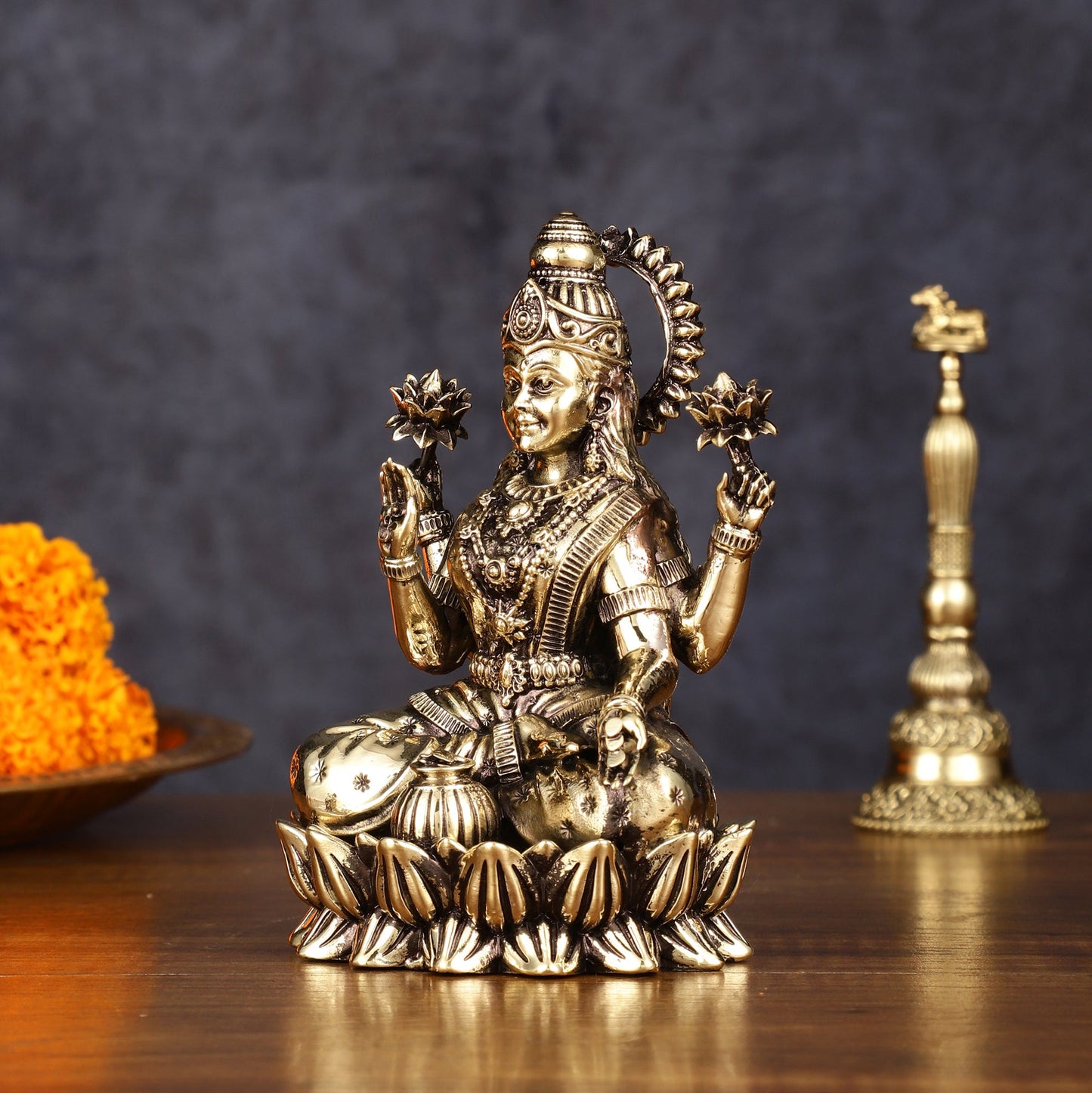 Pure Brass Intricate Lakshmi Idol - Superfine Lightweight 5" - Budhshiv.com