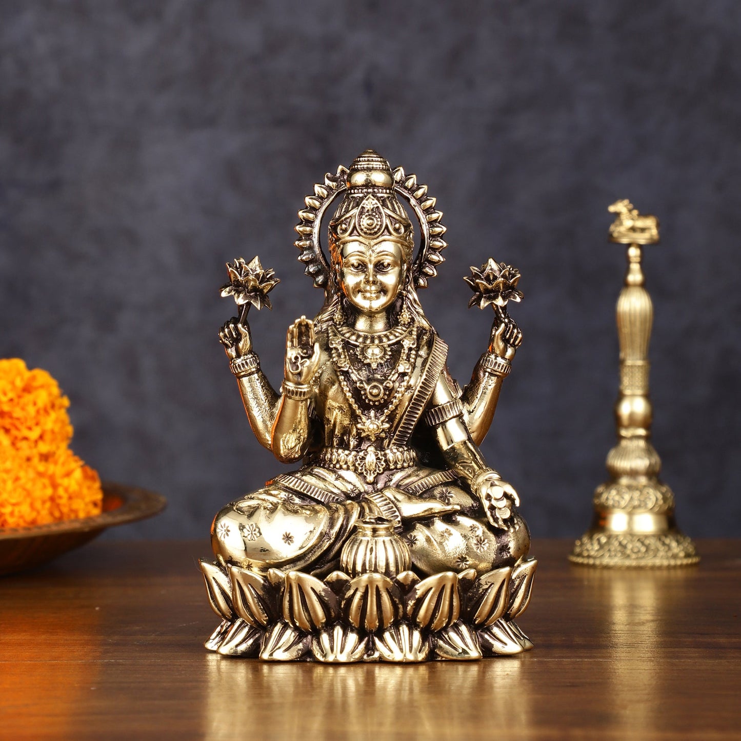 Pure Brass Intricate Lakshmi Idol - Superfine Lightweight 5" - Budhshiv.com
