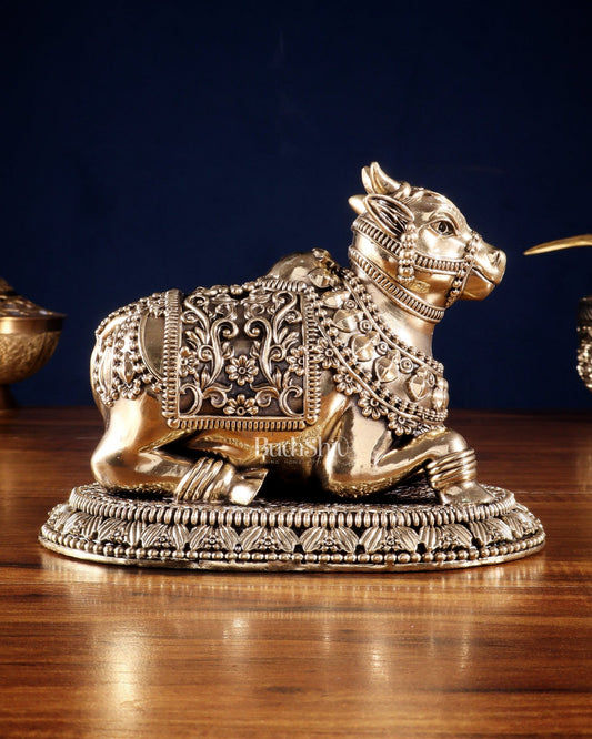 Pure Brass Intricate Large Nandi with Superfine Carvings 8' - Budhshiv.com