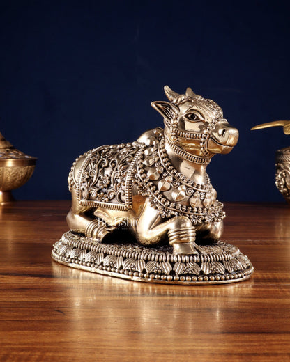 Pure Brass Intricate Large Nandi with Superfine Carvings 8' - Budhshiv.com