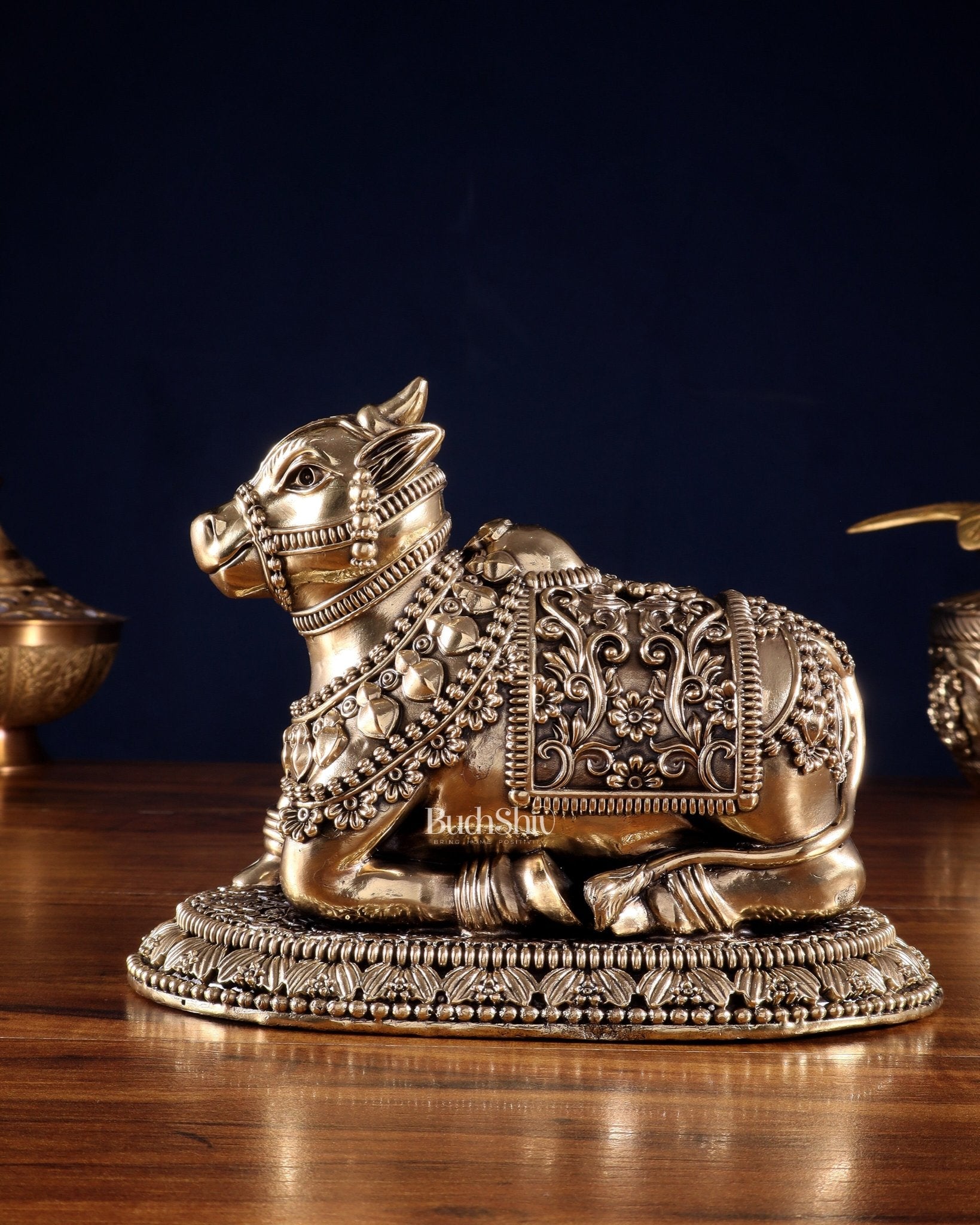 Pure Brass Intricate Large Nandi with Superfine Carvings 8' - Budhshiv.com