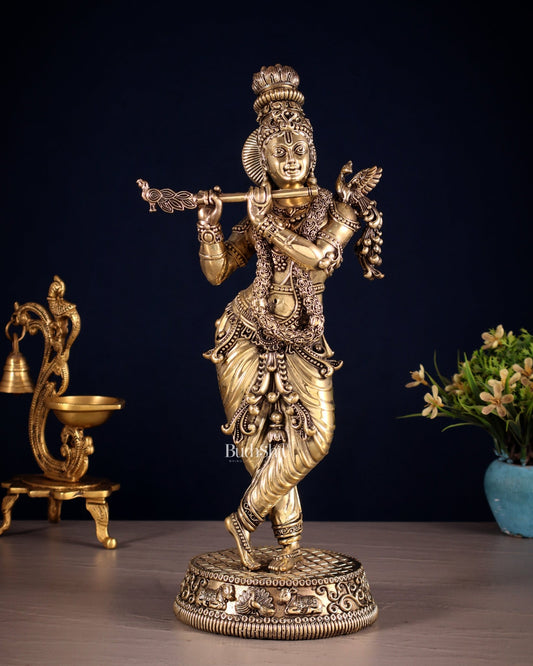 Pure Brass Intricate Lord Krishna Idol – Enhanced Carvings 13.5" - Budhshiv.com
