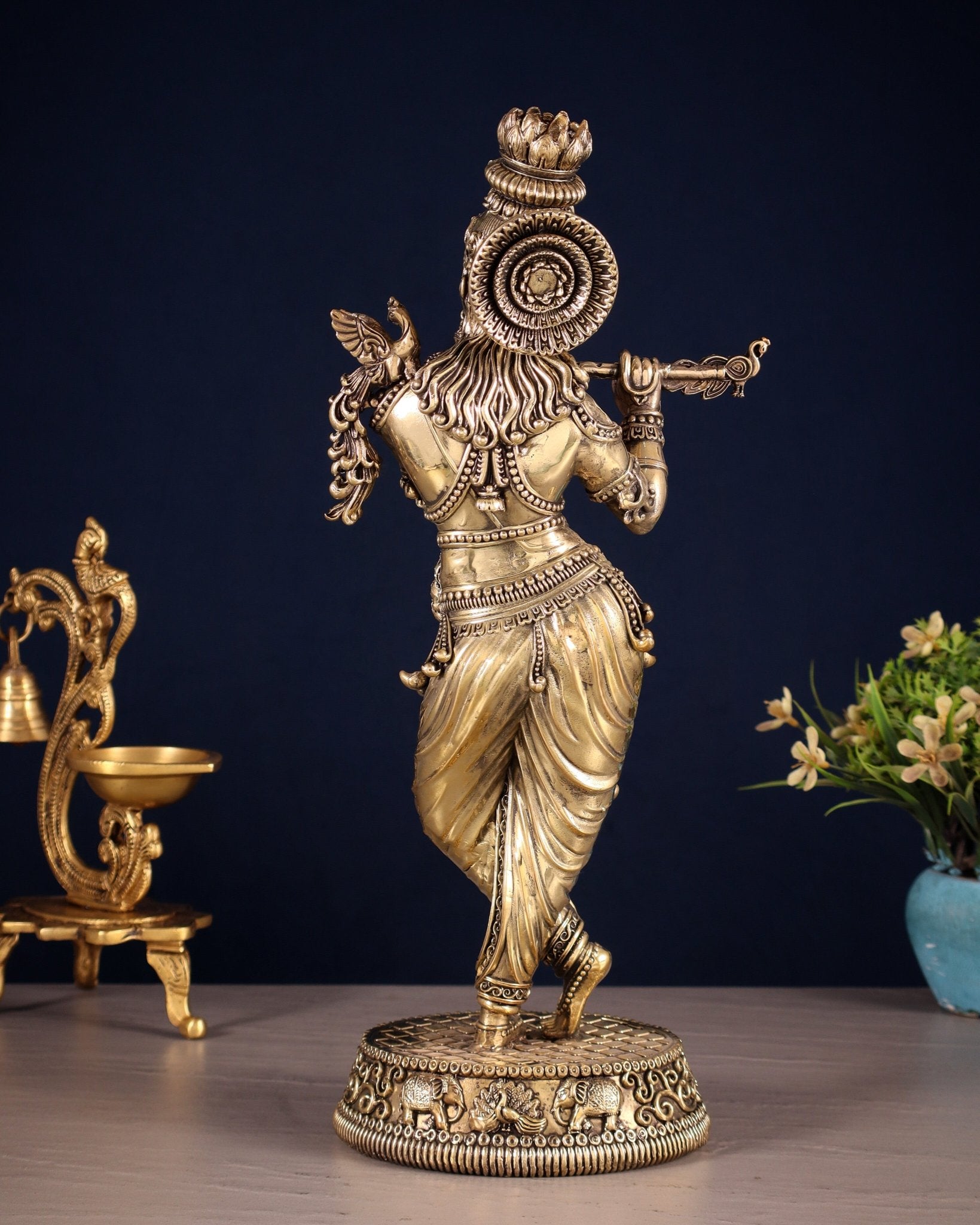 Pure Brass Intricate Lord Krishna Idol – Enhanced Carvings 13.5" - Budhshiv.com