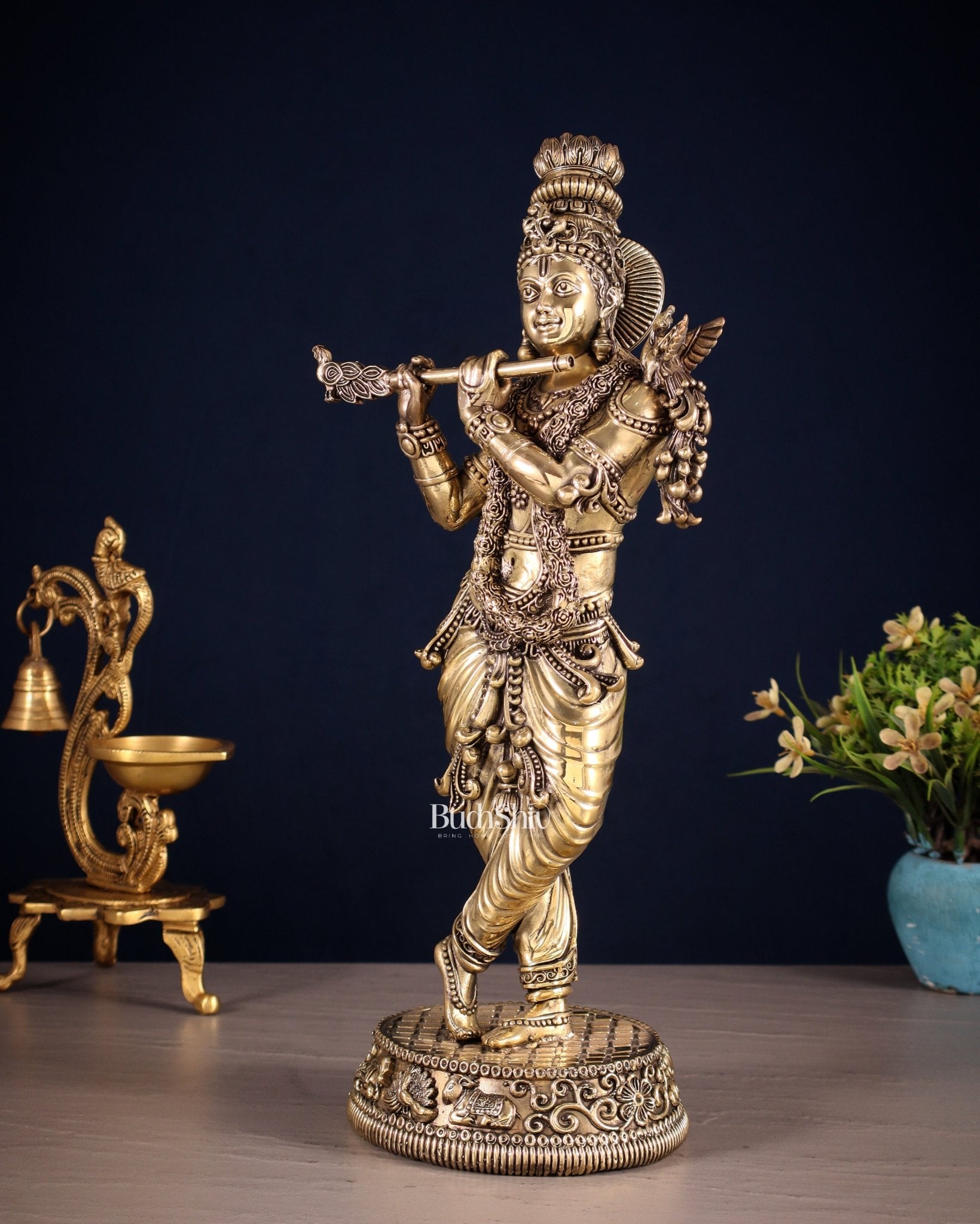 Pure Brass Intricate Lord Krishna Idol – Enhanced Carvings 13.5" - Budhshiv.com