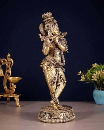 Pure Brass Intricate Lord Krishna Idol – Enhanced Carvings 13.5" - Budhshiv.com