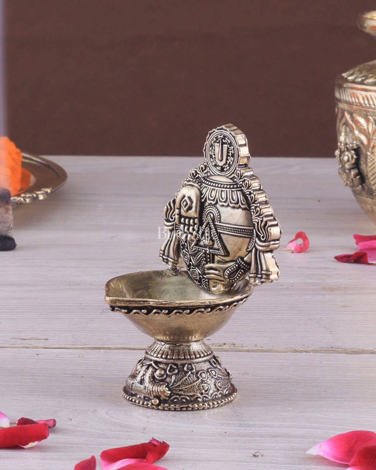 Pure Brass Intricately Carved Lord Venkateshwara Symbols Diya | 4 Inch (10.2 cm) - Budhshiv.com