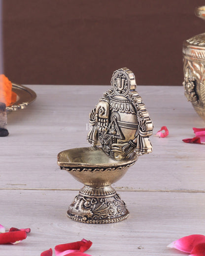Pure Brass Intricately Carved Lord Venkateshwara Symbols Diya | 4 Inch (10.2 cm) - Budhshiv.com