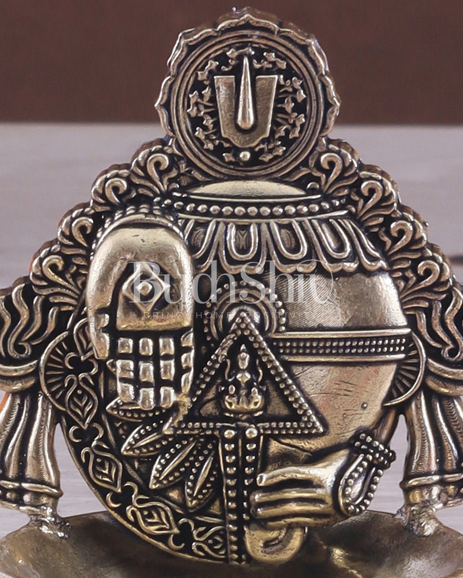 Pure Brass Intricately Carved Lord Venkateshwara Symbols Diya | 4 Inch (10.2 cm) - Budhshiv.com