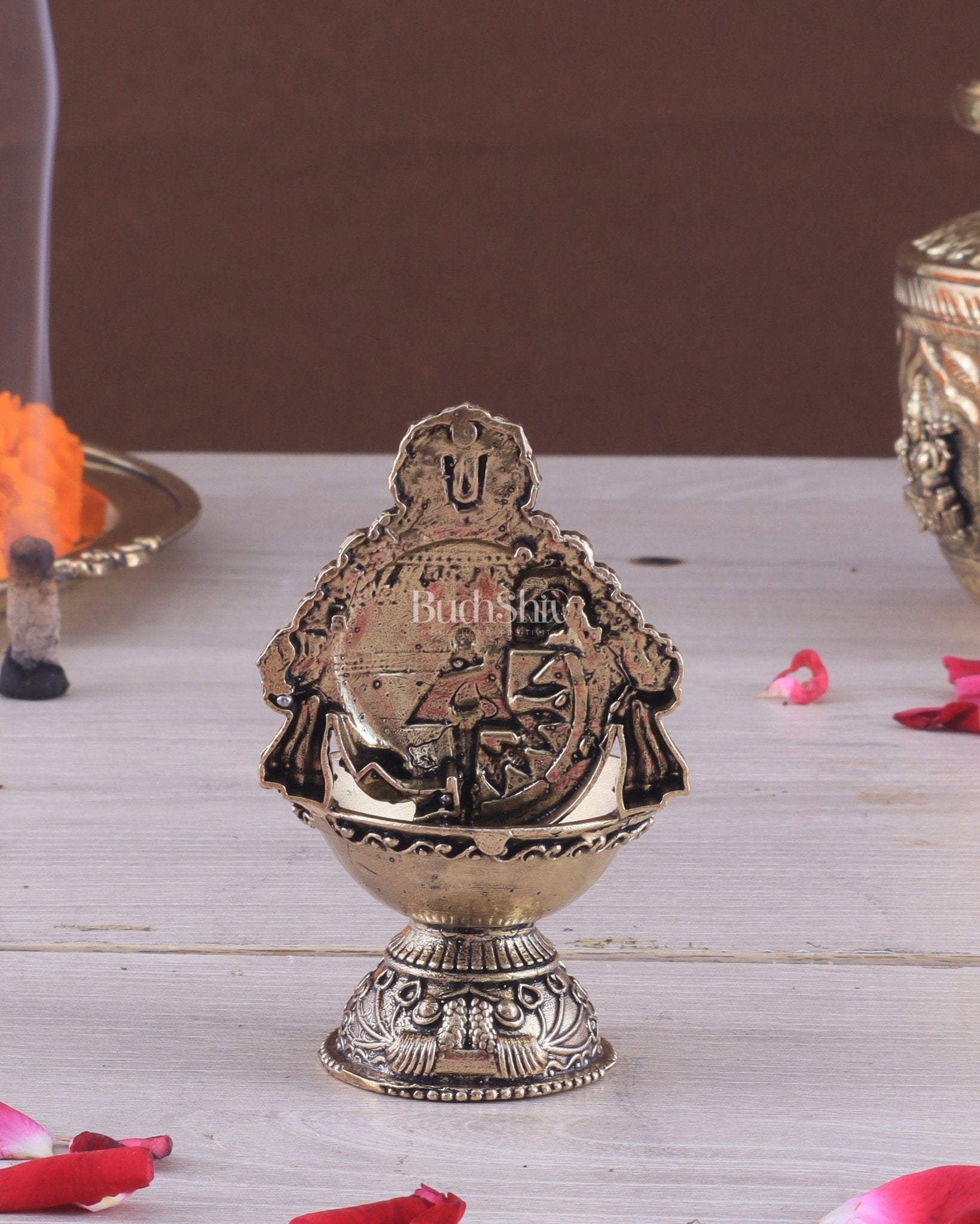 Pure Brass Intricately Carved Lord Venkateshwara Symbols Diya | 4 Inch (10.2 cm) - Budhshiv.com