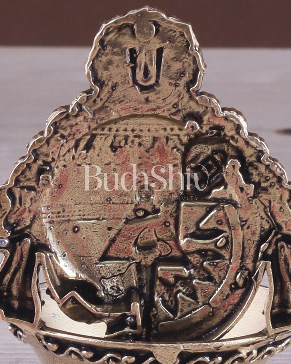 Pure Brass Intricately Carved Lord Venkateshwara Symbols Diya | 4 Inch (10.2 cm) - Budhshiv.com
