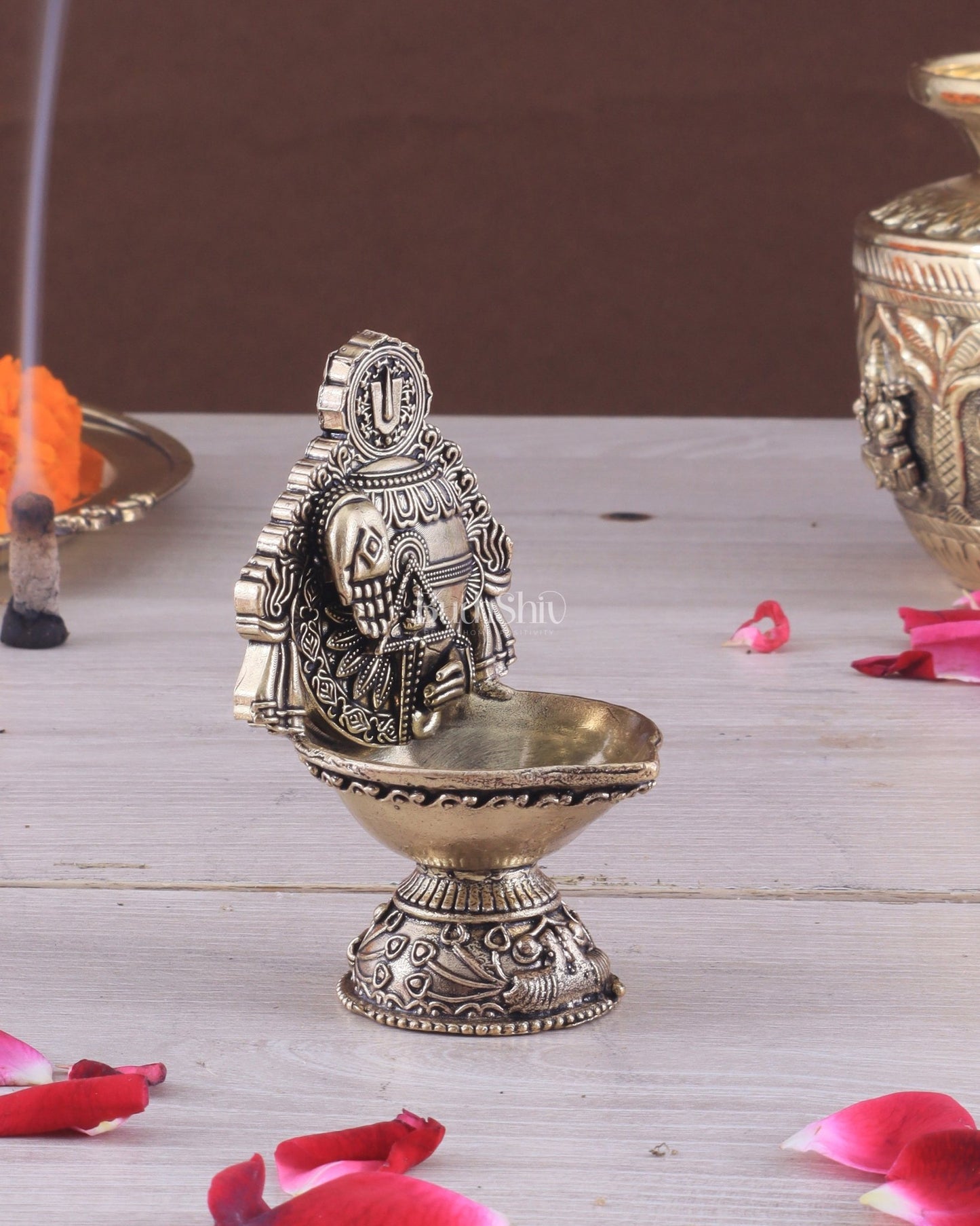 Pure Brass Intricately Carved Lord Venkateshwara Symbols Diya | 4 Inch (10.2 cm) - Budhshiv.com