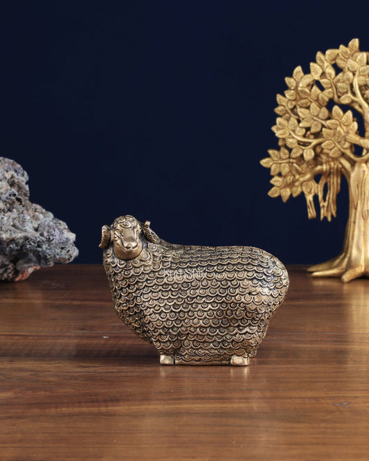 Pure Brass Intricately Carved Sheep Figurine (Vastu Recommended) small - Budhshiv.com