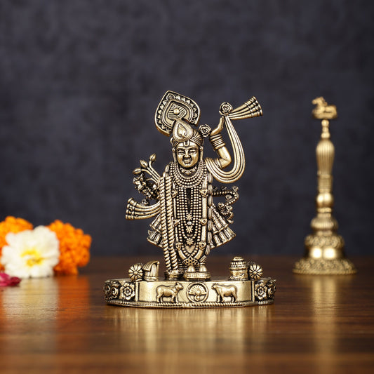 Pure Brass Intricately Carved Shreenath Ji Idol 4" - Budhshiv.com