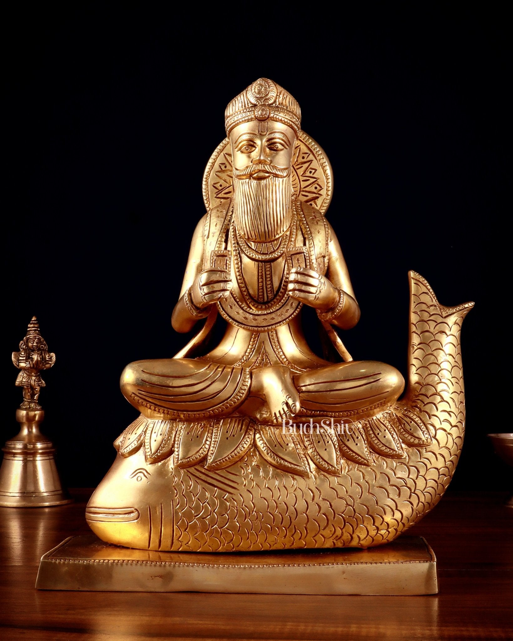 Pure Brass Jhulelal Statue – Sindhi God and Protector of Dharma 12" - Budhshiv.com