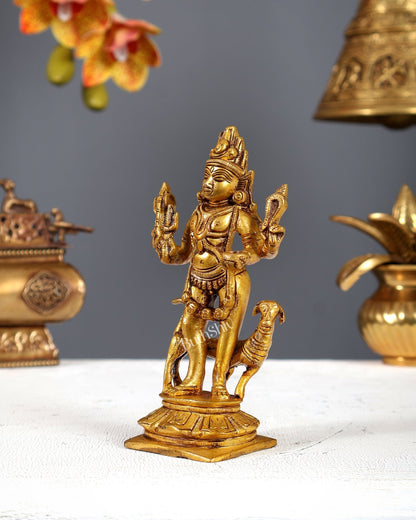 Pure Brass Kaal Bhairav Bhairo Baba with Dog Idol 5" - Budhshiv.com
