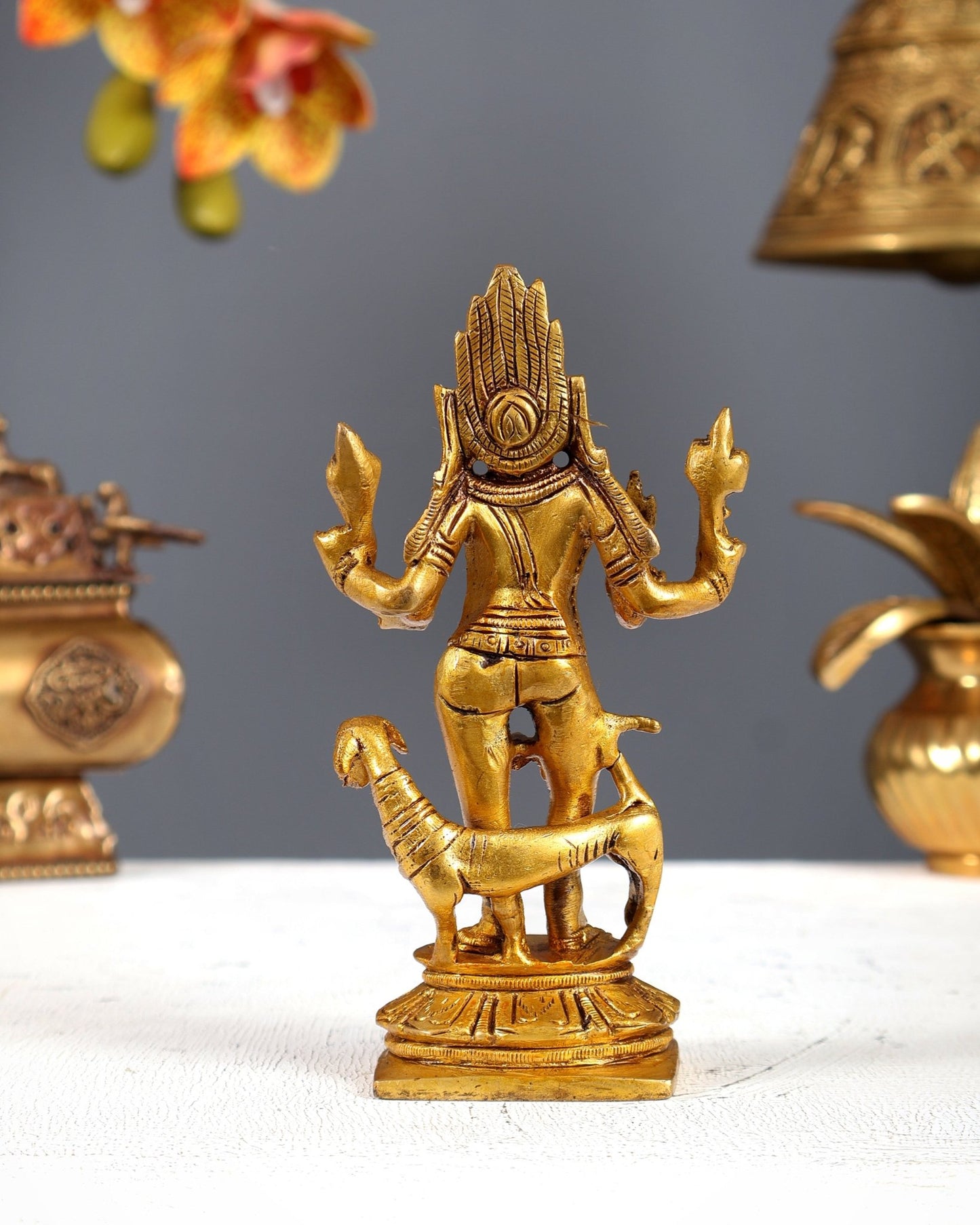 Pure Brass Kaal Bhairav Bhairo Baba with Dog Idol 5" - Budhshiv.com