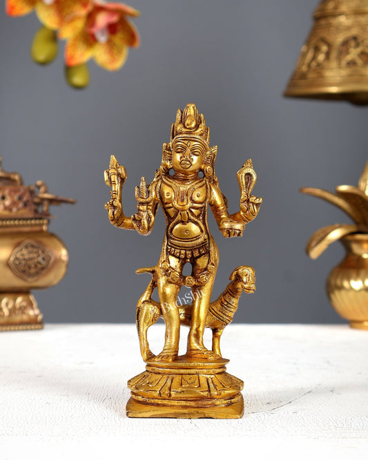 Pure Brass Kaal Bhairav Bhairo Baba with Dog Idol 5" - Budhshiv.com