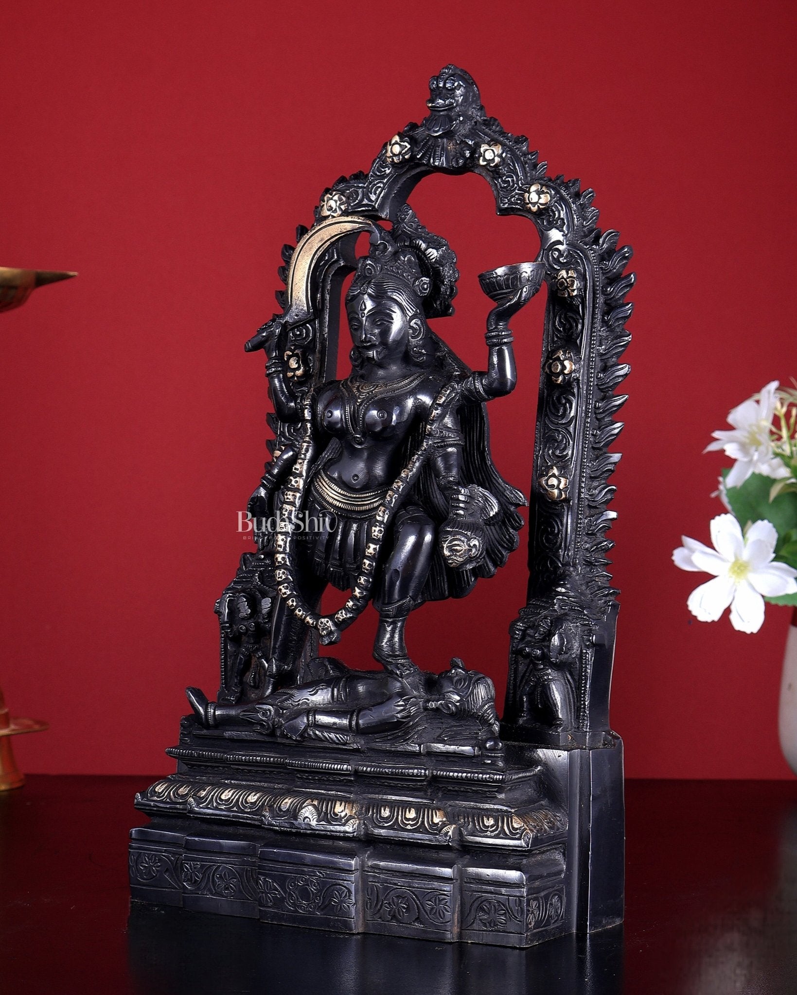 Pure Brass Kali Statue with Shiva & Skull Garland | 10.5 Inch Arch Idol black edition - Budhshiv.com