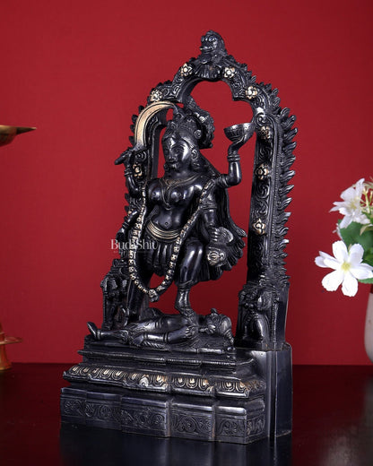 Pure Brass Kali Statue with Shiva & Skull Garland | 10.5 Inch Arch Idol black edition - Budhshiv.com