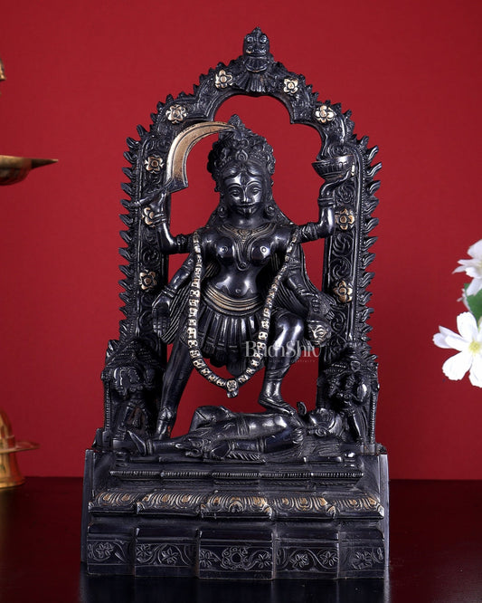 Pure Brass Kali Statue with Shiva & Skull Garland | 10.5 Inch Arch Idol black edition - Budhshiv.com