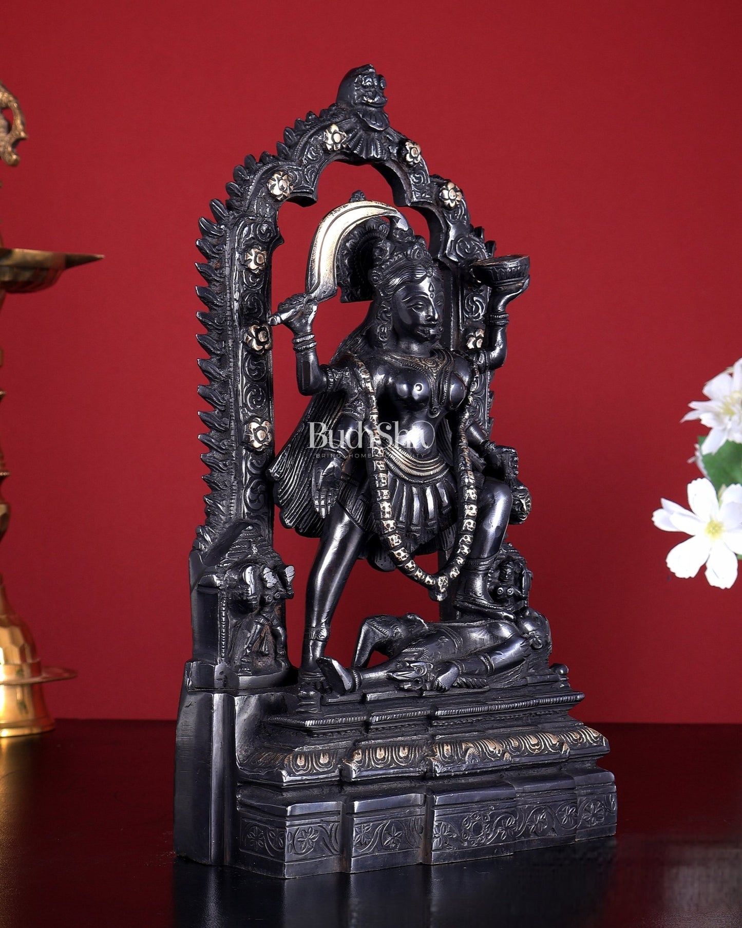 Pure Brass Kali Statue with Shiva & Skull Garland | 10.5 Inch Arch Idol black edition - Budhshiv.com