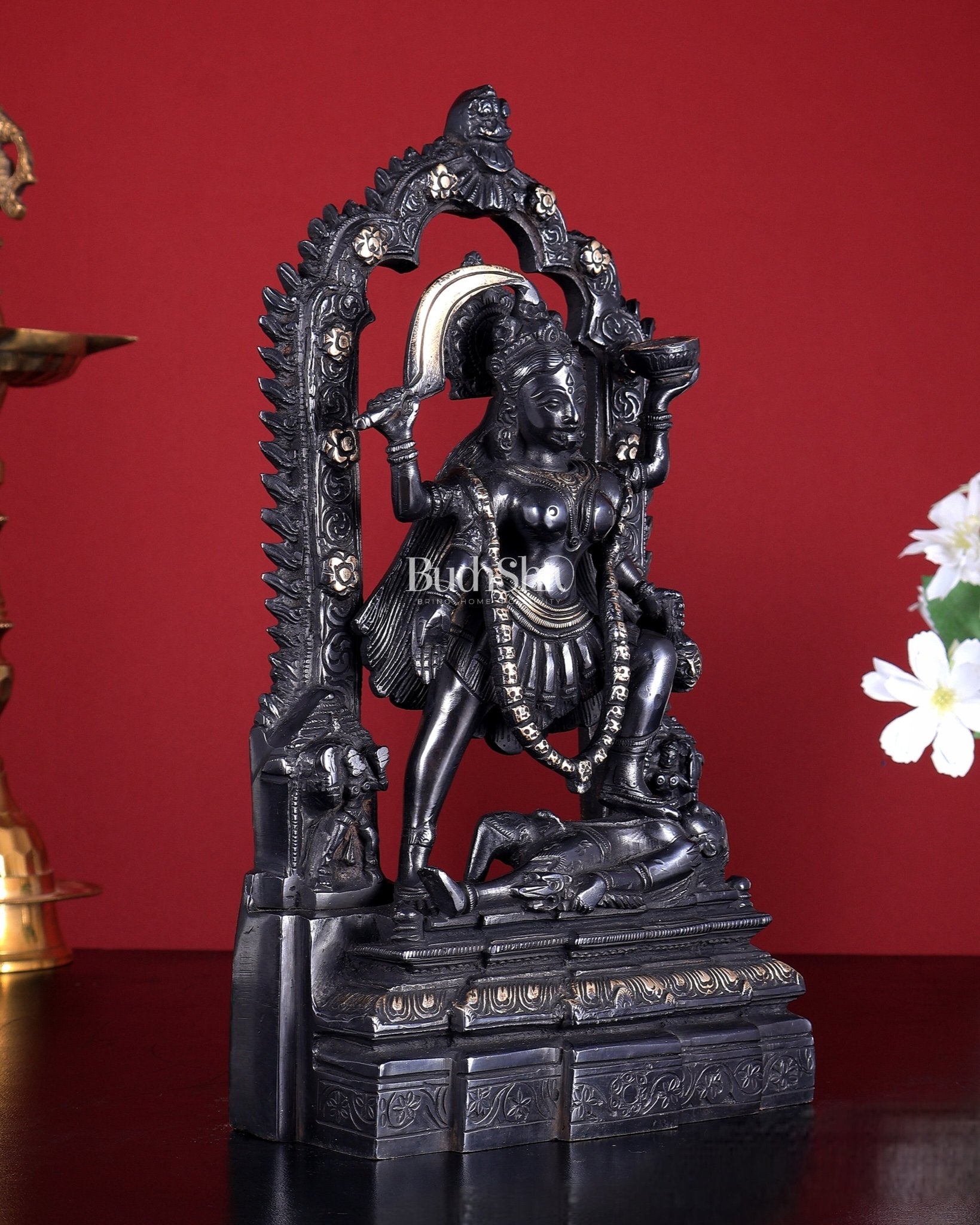 Pure Brass Kali Statue with Shiva & Skull Garland | 10.5 Inch Arch Idol black edition - Budhshiv.com