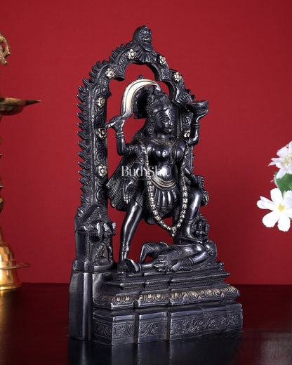 Pure Brass Kali Statue with Shiva & Skull Garland | 10.5 Inch Arch Idol black edition - Budhshiv.com