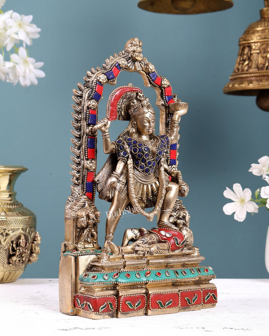 Pure Brass Kali Statue with Shiva & Skull Garland | 10.5 Inch Arch Idol with stonework - Budhshiv.com