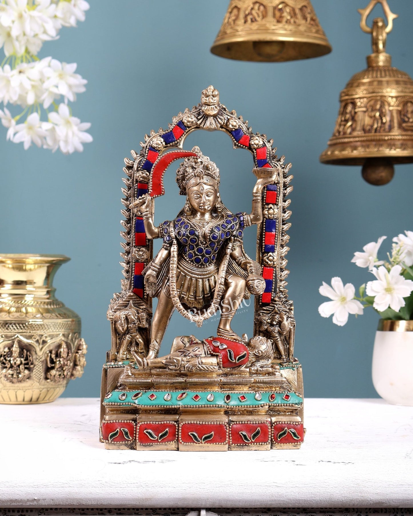 Pure Brass Kali Statue with Shiva & Skull Garland | 10.5 Inch Arch Idol with stonework - Budhshiv.com