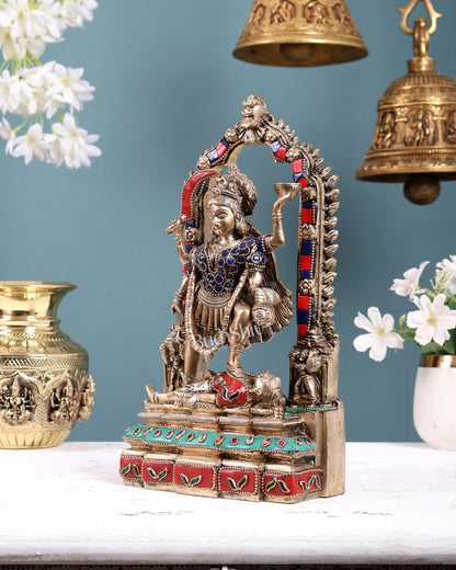 Pure Brass Kali Statue with Shiva & Skull Garland | 10.5 Inch Arch Idol with stonework - Budhshiv.com