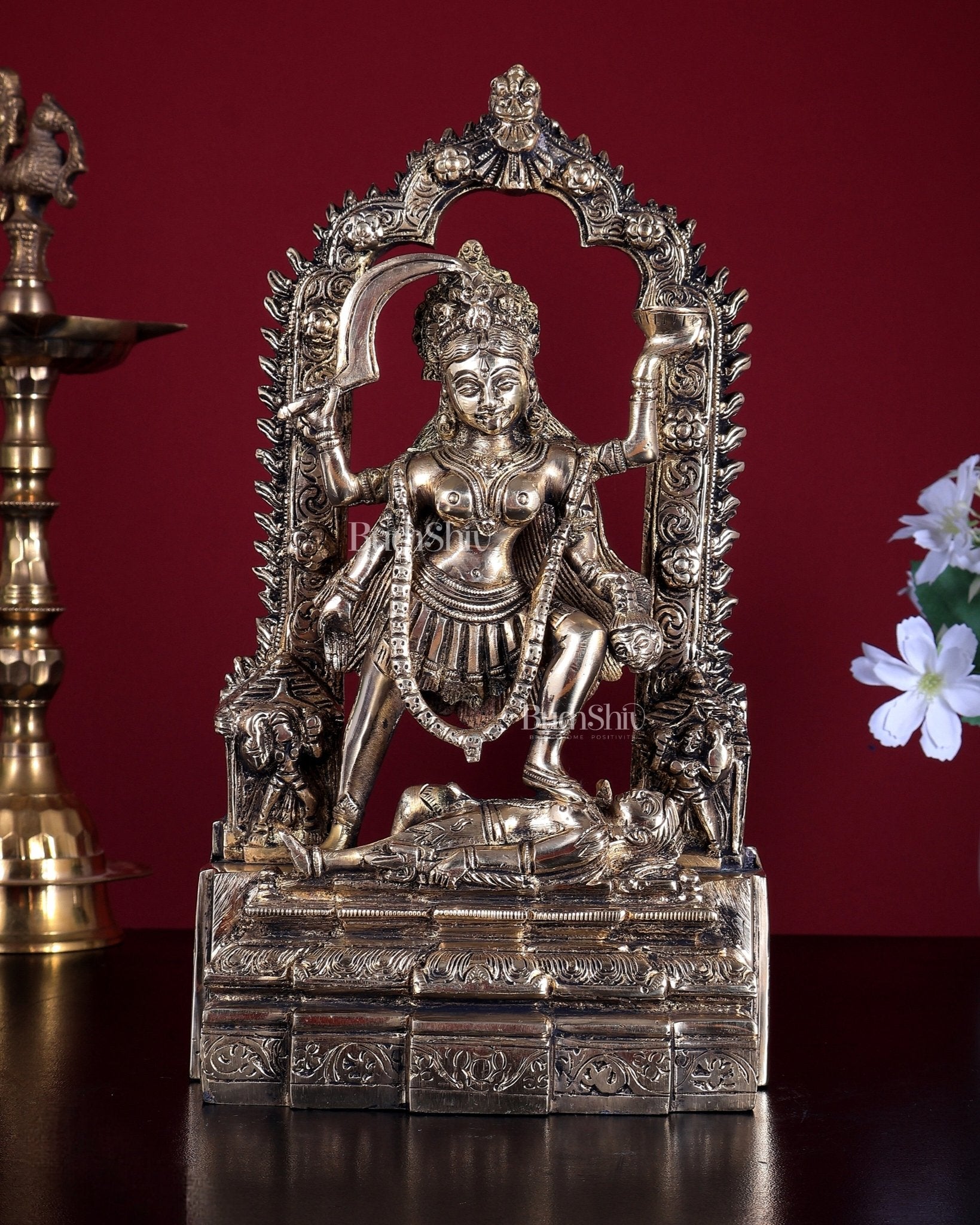 Pure Brass Kali Statue with Shiva & Skull Garland | 10.5 Inch Arch Idol - Budhshiv.com