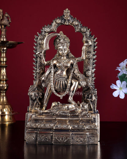 Pure Brass Kali Statue with Shiva & Skull Garland | 10.5 Inch Arch Idol - Budhshiv.com