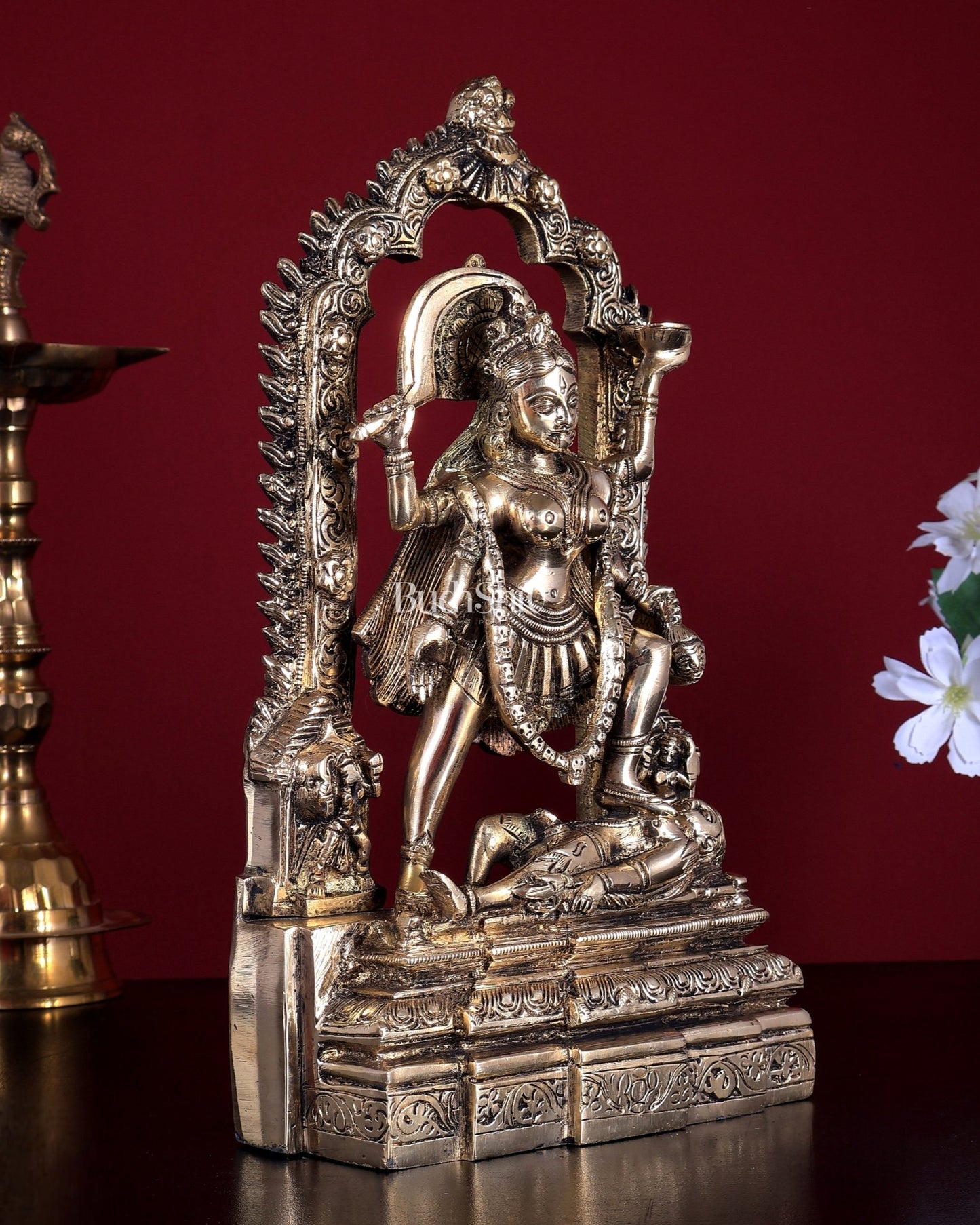 Pure Brass Kali Statue with Shiva & Skull Garland | 10.5 Inch Arch Idol - Budhshiv.com