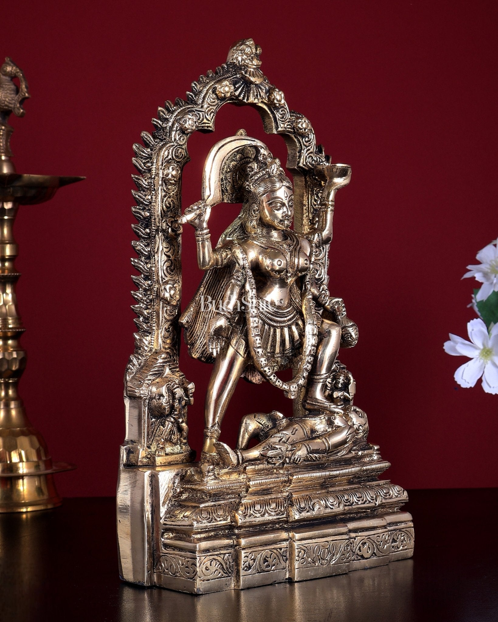 Pure Brass Kali Statue with Shiva & Skull Garland | 10.5 Inch Arch Idol - Budhshiv.com
