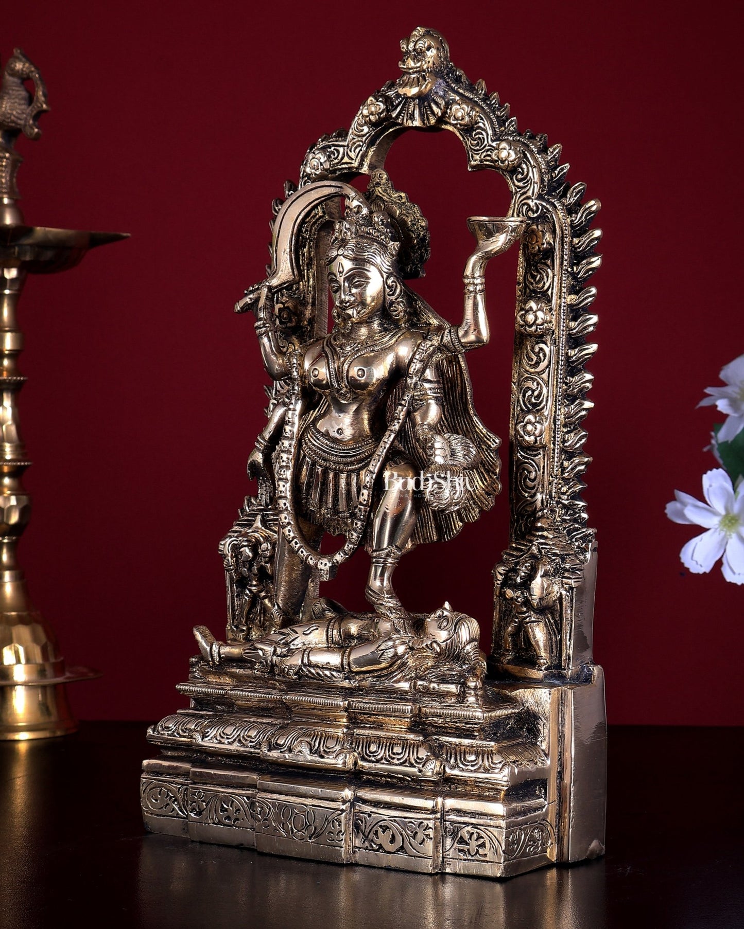 Pure Brass Kali Statue with Shiva & Skull Garland | 10.5 Inch Arch Idol - Budhshiv.com
