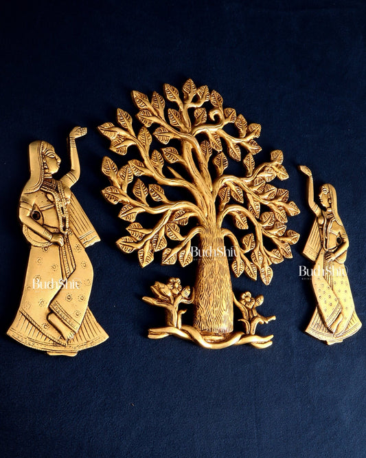 Pure Brass Kalpavriksha Tree with Apsaras Wall Hanging Set – 10.5" - Budhshiv.com