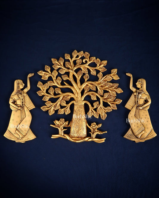 Pure Brass Kalpavriksha Tree with Apsaras Wall Hanging Set – 10.5" - Budhshiv.com