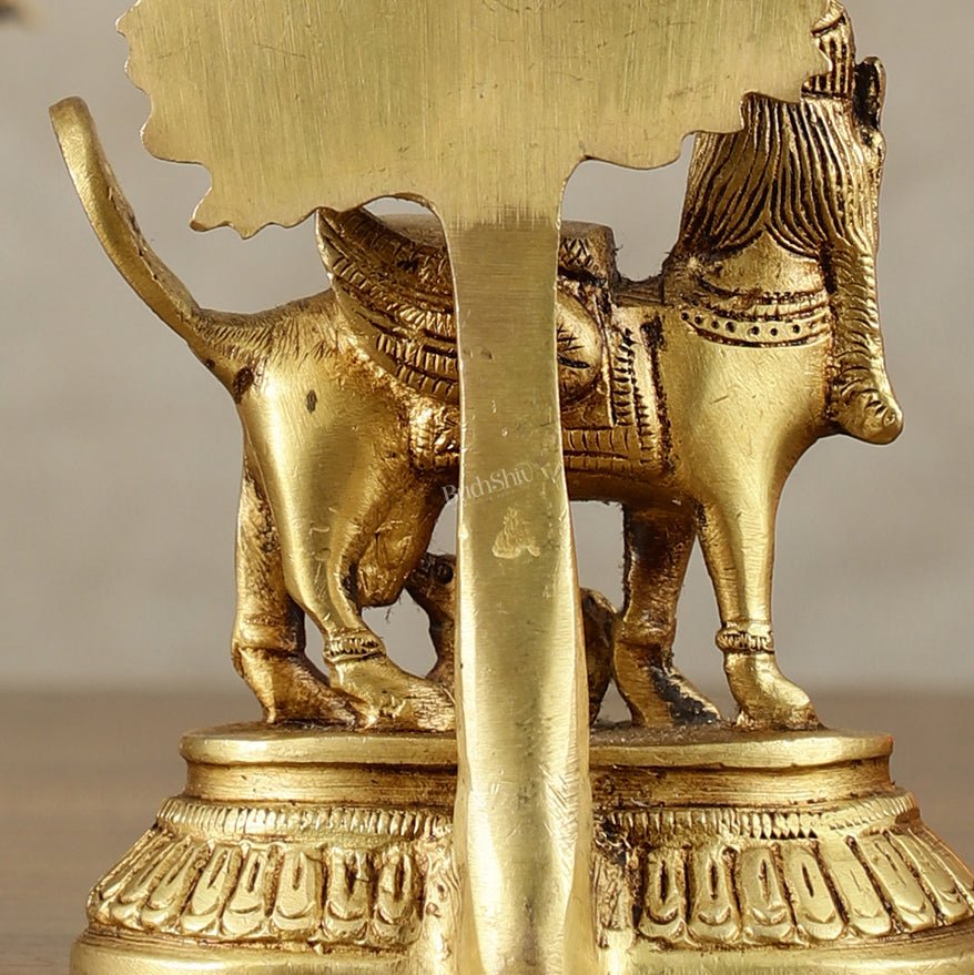 Pure Brass Kamadhenu Cow with Calf and Kalpavriksha - 5 Inch | Intricate Brass Sculpture - Budhshiv.com