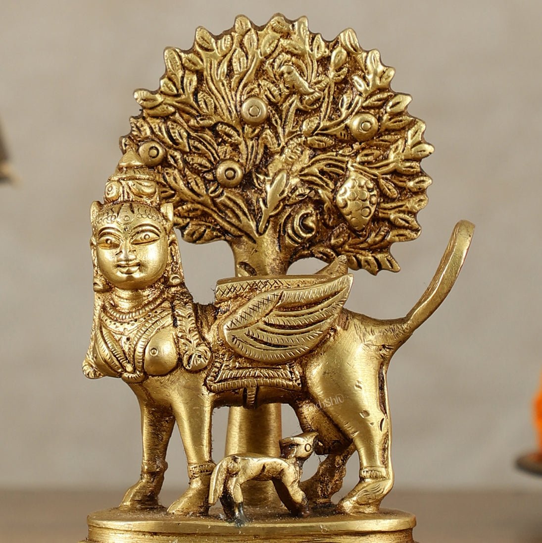 Pure Brass Kamadhenu Cow with Calf and Kalpavriksha - 5 Inch | Intricate Brass Sculpture - Budhshiv.com