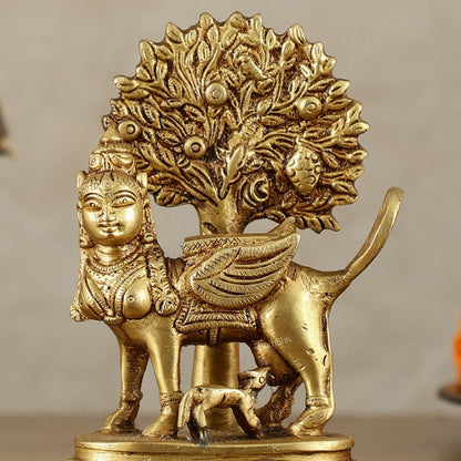 Pure Brass Kamadhenu Cow with Calf and Kalpavriksha - 5 Inch | Intricate Brass Sculpture - Budhshiv.com