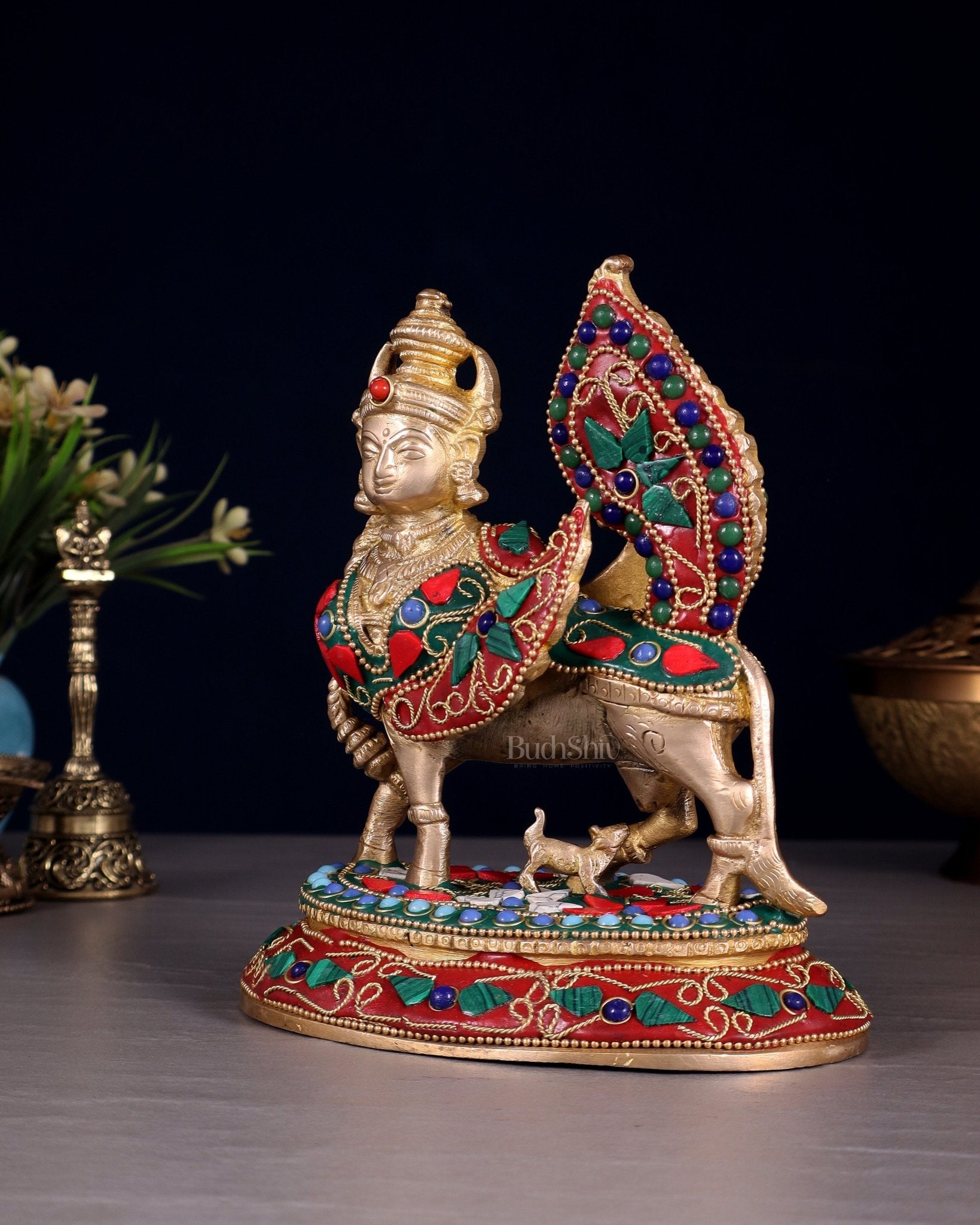 Pure Brass Kamadhenu Cow with Calf – Meenakari Stonework - Budhshiv.com