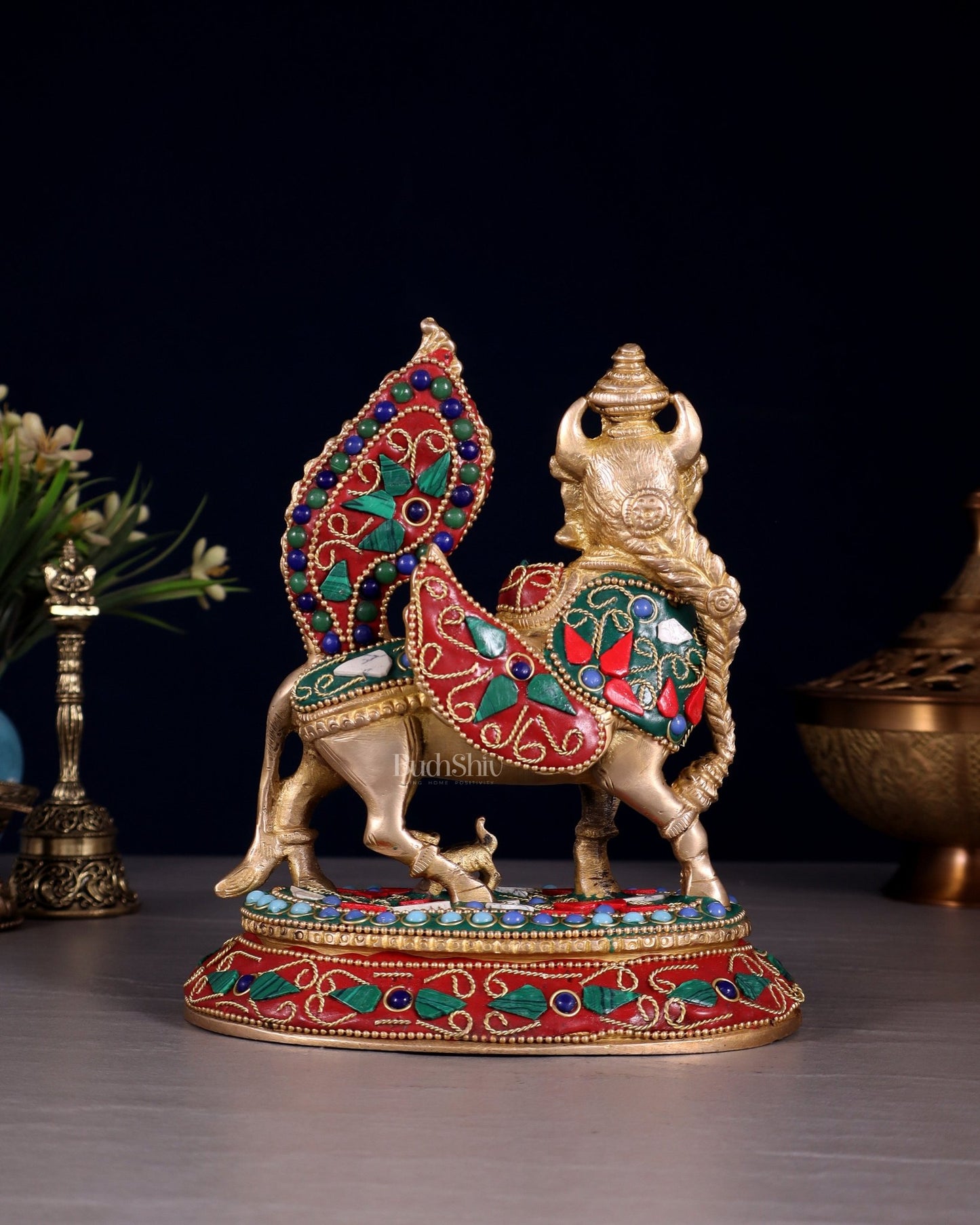 Pure Brass Kamadhenu Cow with Calf – Meenakari Stonework - Budhshiv.com