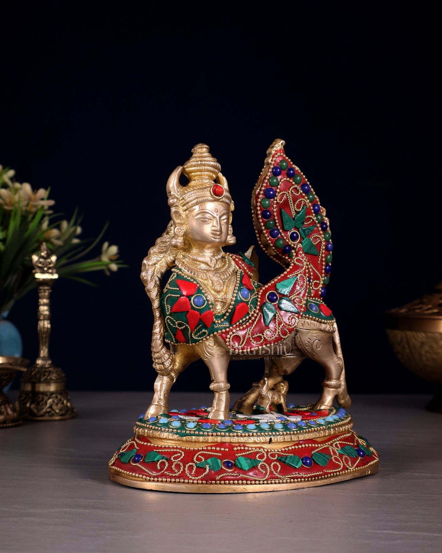 Pure Brass Kamadhenu Cow with Calf – Meenakari Stonework - Budhshiv.com