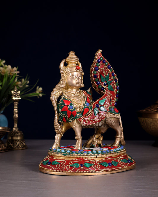 Pure Brass Kamadhenu Cow with Calf – Meenakari Stonework - Budhshiv.com