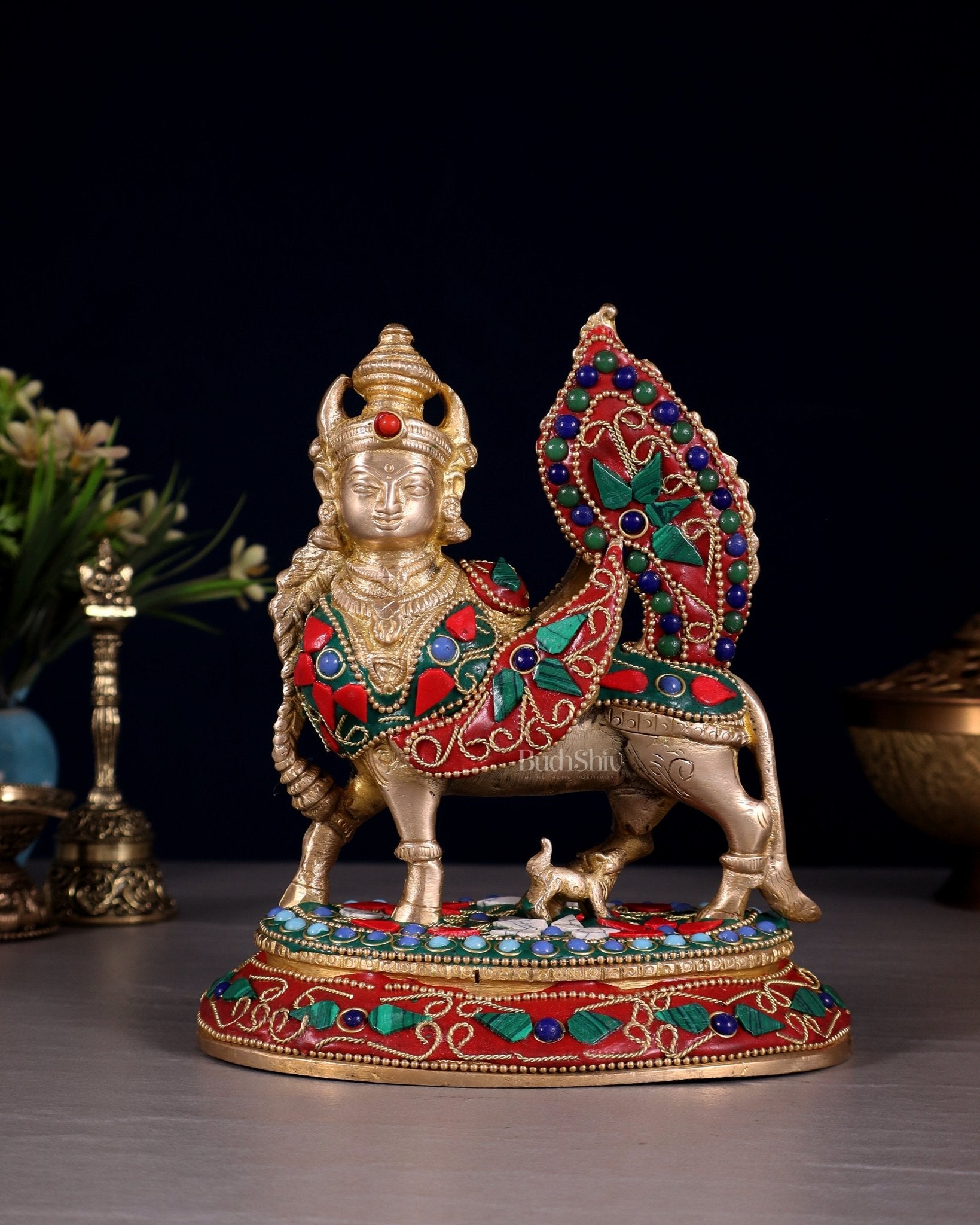 Pure Brass Kamadhenu Cow with Calf – Meenakari Stonework - Budhshiv.com