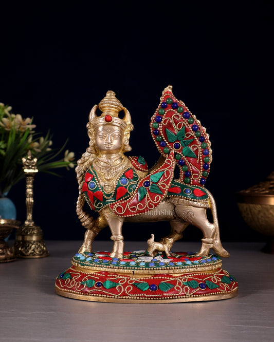 Pure Brass Kamadhenu Cow with Calf – Meenakari Stonework - Budhshiv.com