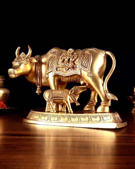 Pure Brass Kamdhenu Cow with Calf – 8” x 12” x 6.5” - Budhshiv.com